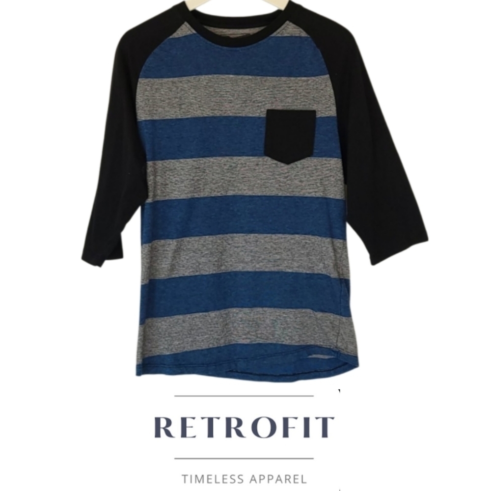 Retrofit Striped Baseball Tee in Gray and Blue Stripe with Black Sleeves, M